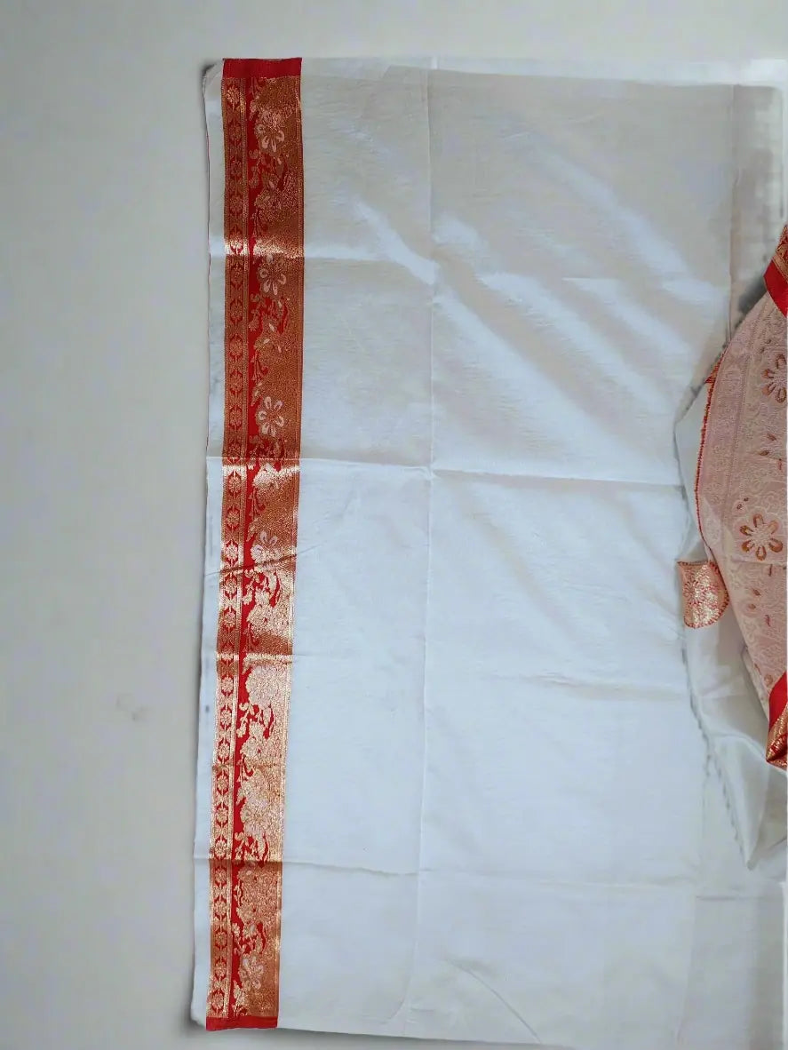 Banarasi Silk Saree - White & Red with Golden Zari Work | Ideal Saree for Weddings & Festivals