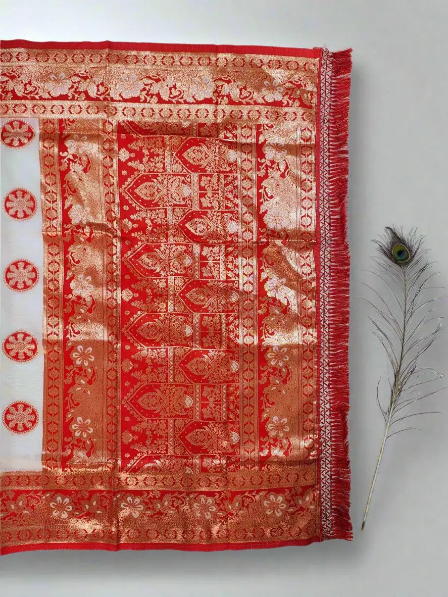 Banarasi Silk Saree - White & Red with Golden Zari Work | Ideal Saree for Weddings & Festivals