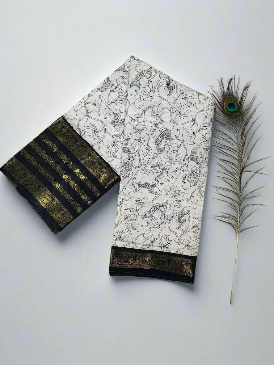 White Kalamkari Saree with Black Zari Border & Intricate Motifs