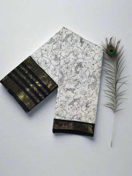 White Kalamkari Saree with Black Zari Border & Intricate Motifs