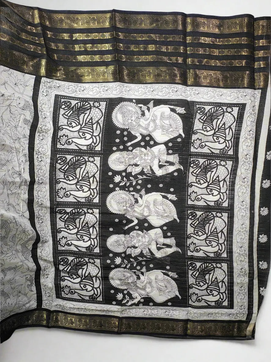 White Kalamkari Saree with Black Zari Border & Intricate Motifs