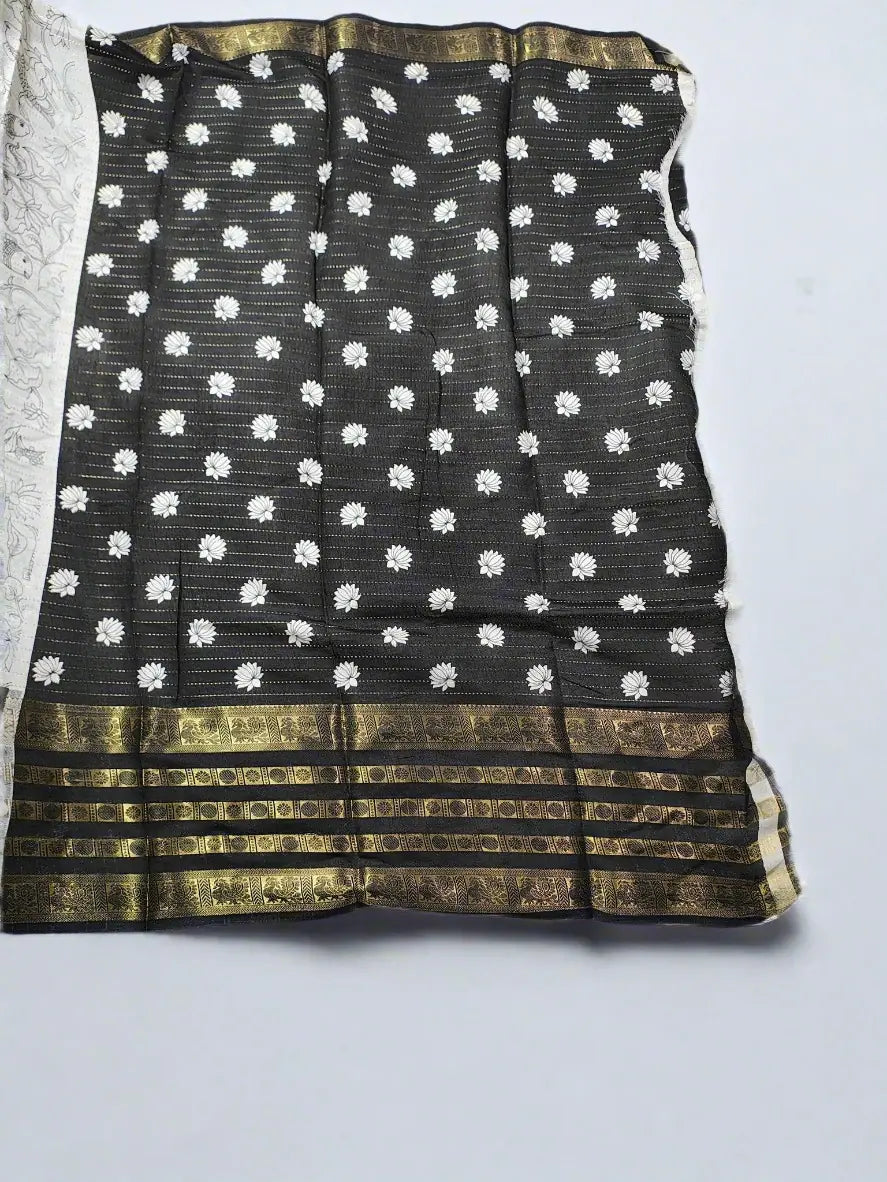 White Kalamkari Saree with Black Zari Border & Intricate Motifs