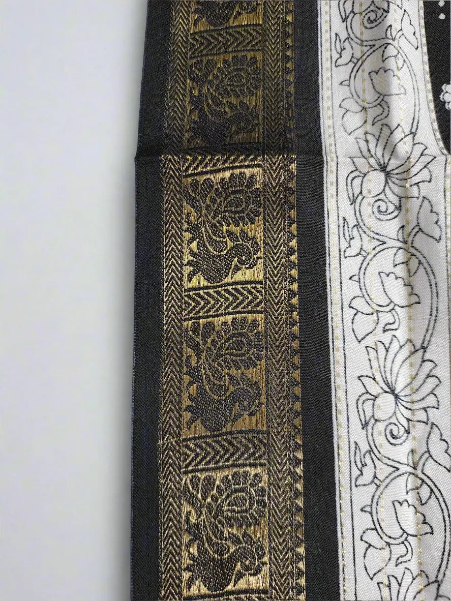 White Kalamkari Saree with Black Zari Border & Intricate Motifs