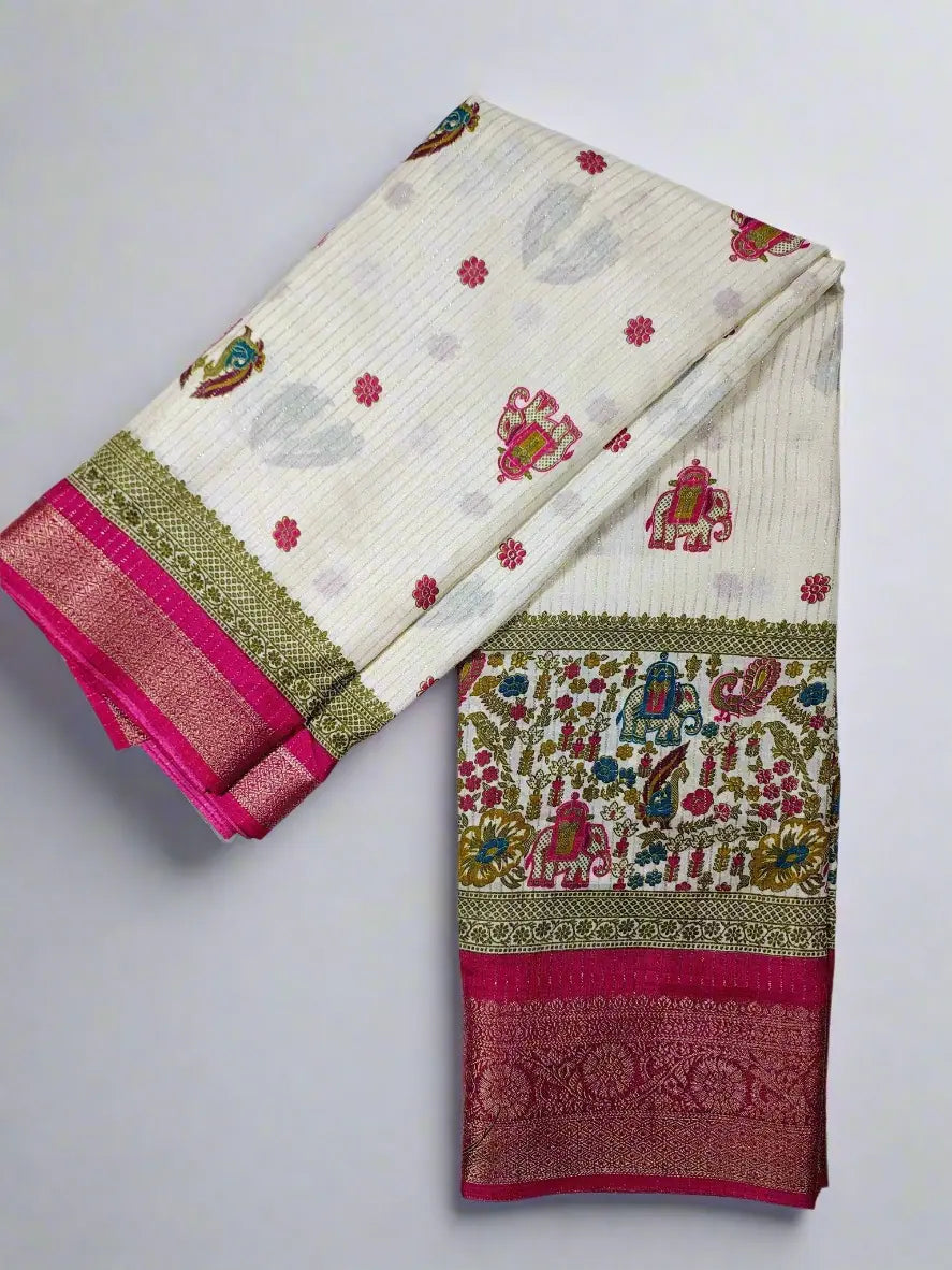 Dola Silk Saree - Ivory Pink with Heritage Motifs & Zari Border