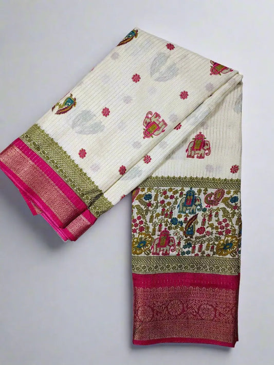 Dola Silk Saree - Ivory Pink with Heritage Motifs & Zari Border