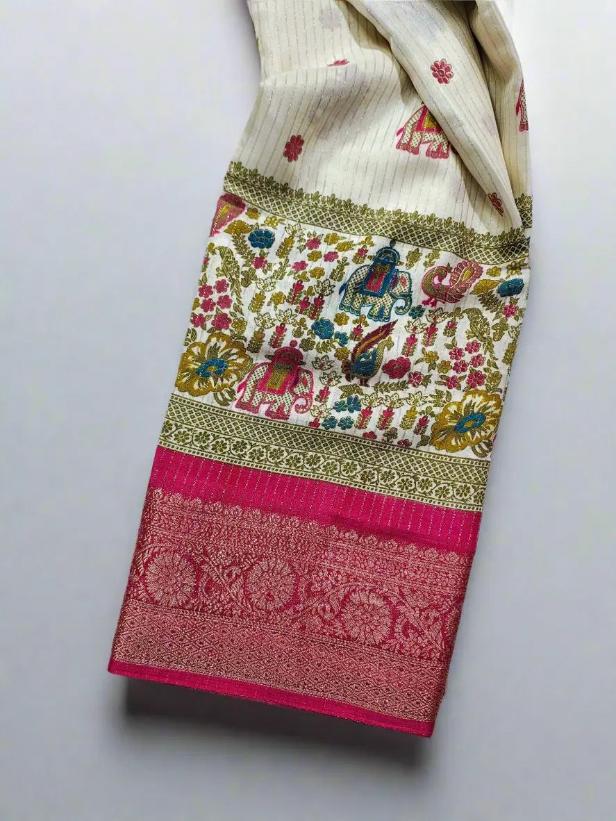 Dola Silk Saree - Ivory Pink with Heritage Motifs & Zari Border