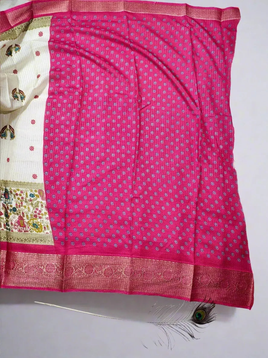 Dola Silk Saree - Ivory Pink with Heritage Motifs & Zari Border