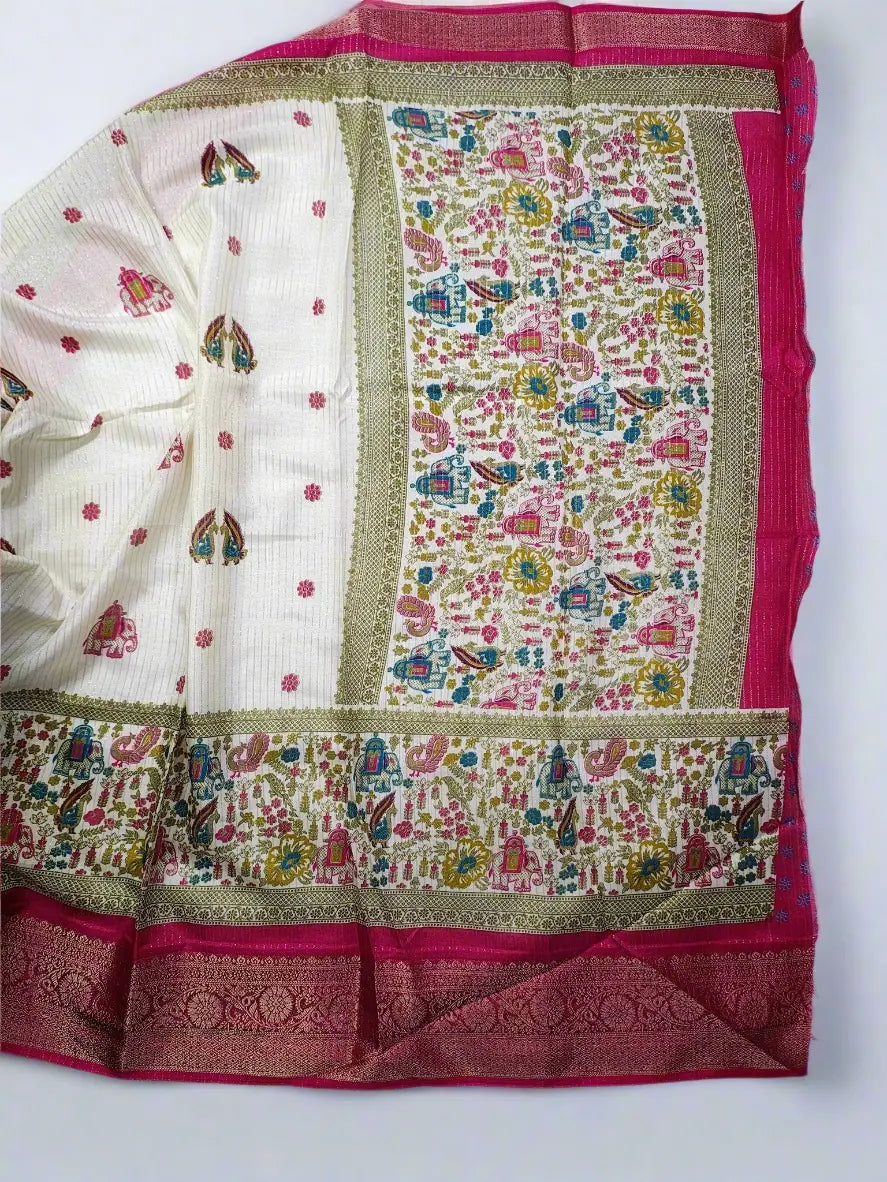 Dola Silk Saree - Ivory Pink with Heritage Motifs & Zari Border