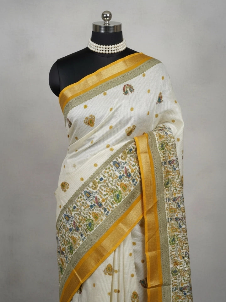 Ivory & Mustard Yellow Banarasi Saree with Heritage Motifs & Zari Border