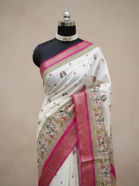Ivory Pink Banarasi Saree with Heritage Motifs & Zari Border