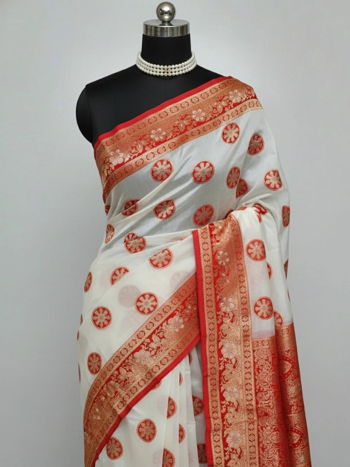Ivory & Red Banarasi Silk Saree with Golden Zari Work