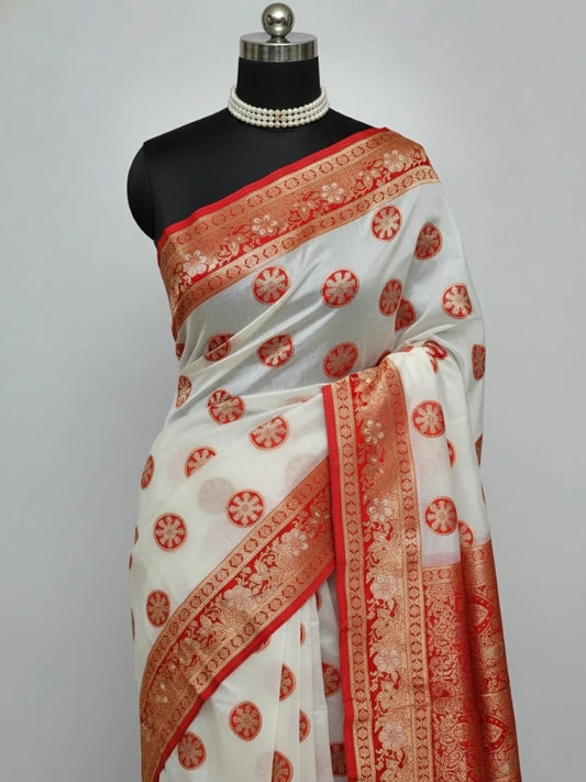 Ivory & Red Banarasi Silk Saree with Golden Zari Work