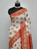 Ivory & Red Banarasi Silk Saree with Golden Zari Work