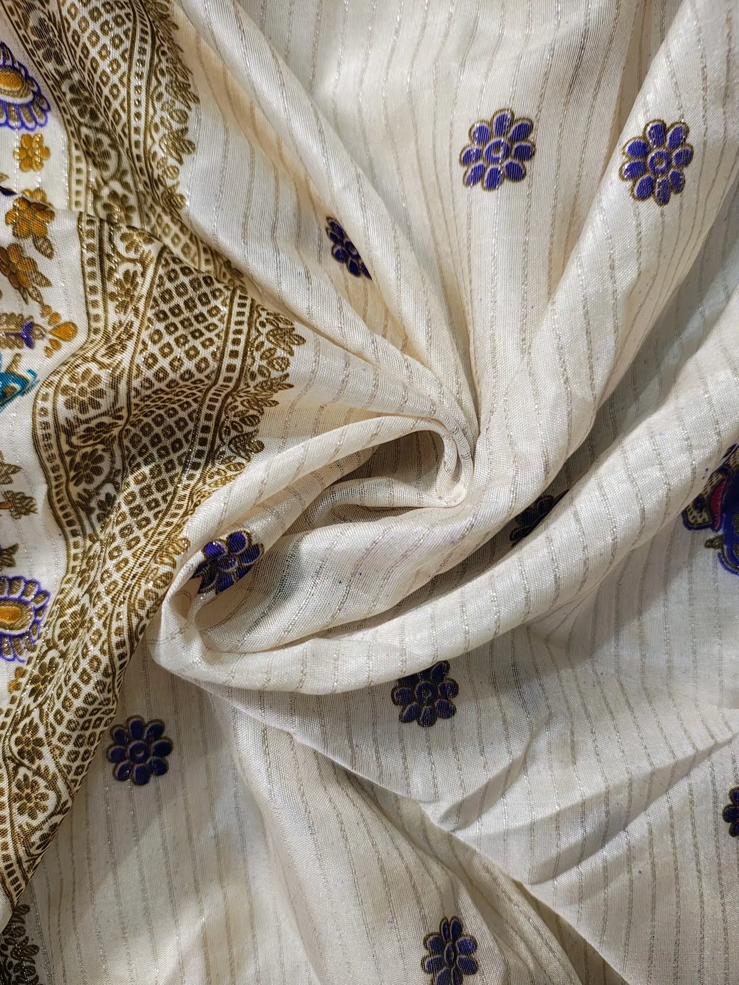 Dola Silk Saree - Ivory & Royal Blue with Heritage Motifs and Zari Border