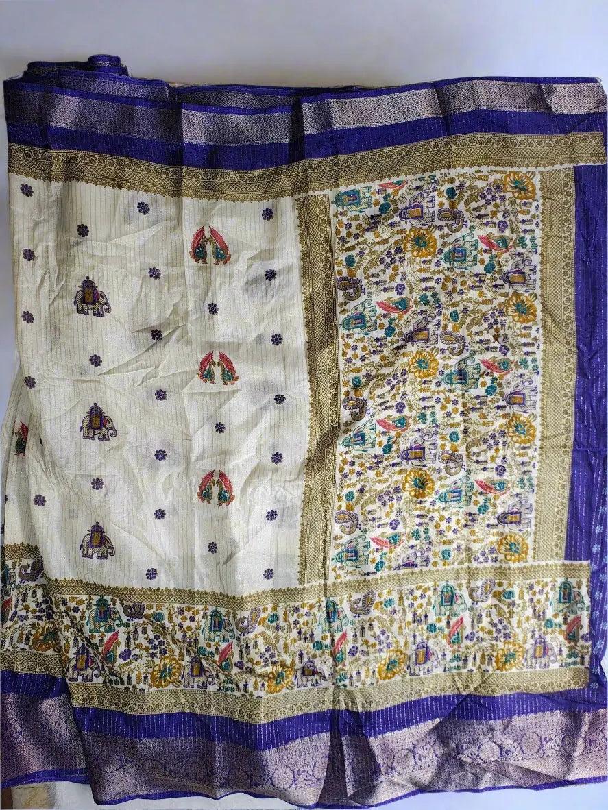 Dola Silk Saree - Ivory & Royal Blue with Heritage Motifs and Zari Border