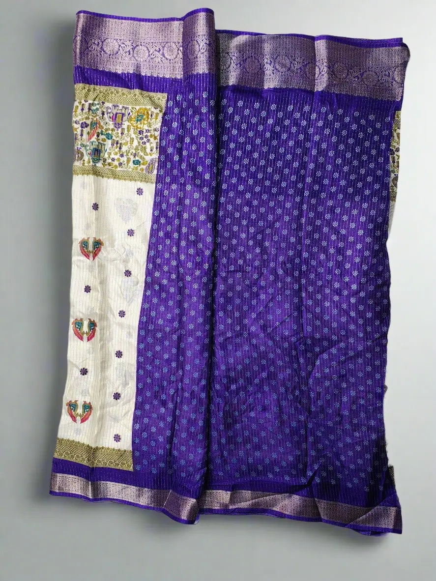 Dola Silk Saree - Ivory & Royal Blue with Heritage Motifs and Zari Border
