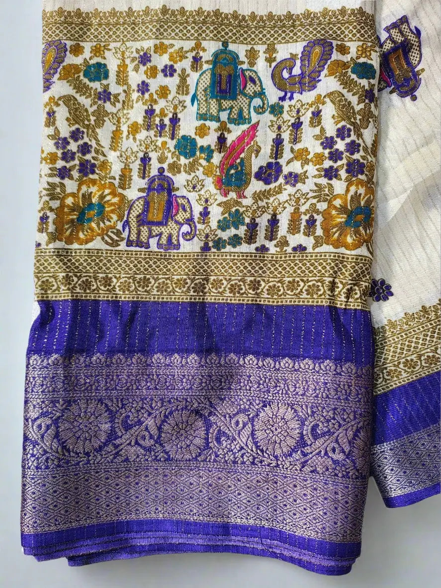 Dola Silk Saree - Ivory & Royal Blue with Heritage Motifs and Zari Border