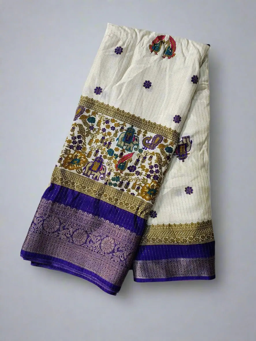 Dola Silk Saree - Ivory & Royal Blue with Heritage Motifs and Zari Border