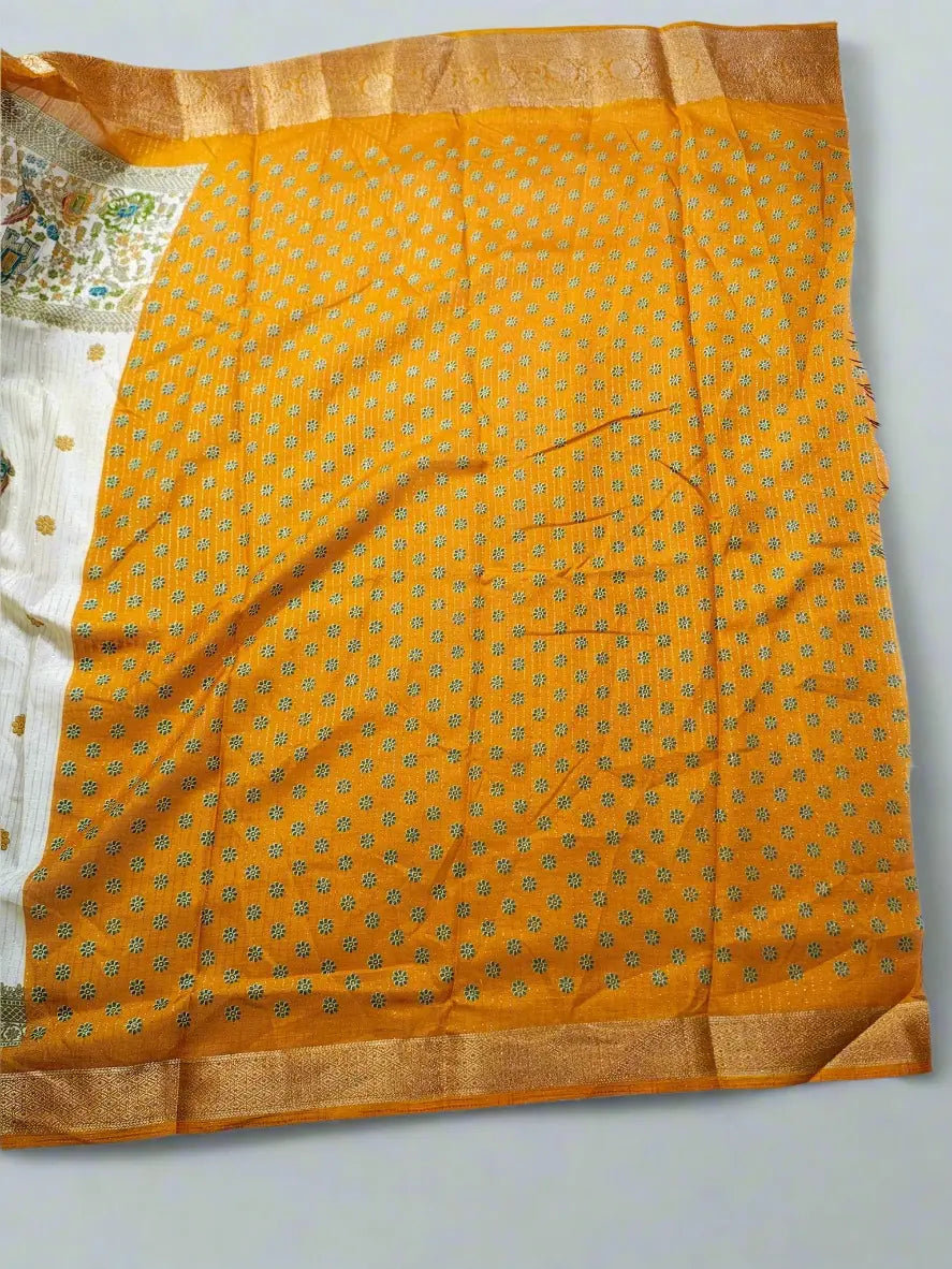 Dola Silk Saree - Ivory & Mustard Yellow with Heritage Motifs & Zari Border