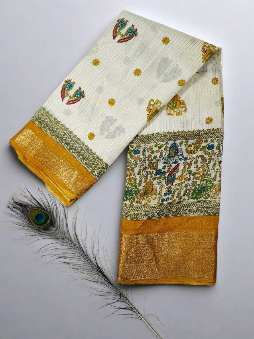 Dola Silk Saree - Ivory & Mustard Yellow with Heritage Motifs & Zari Border