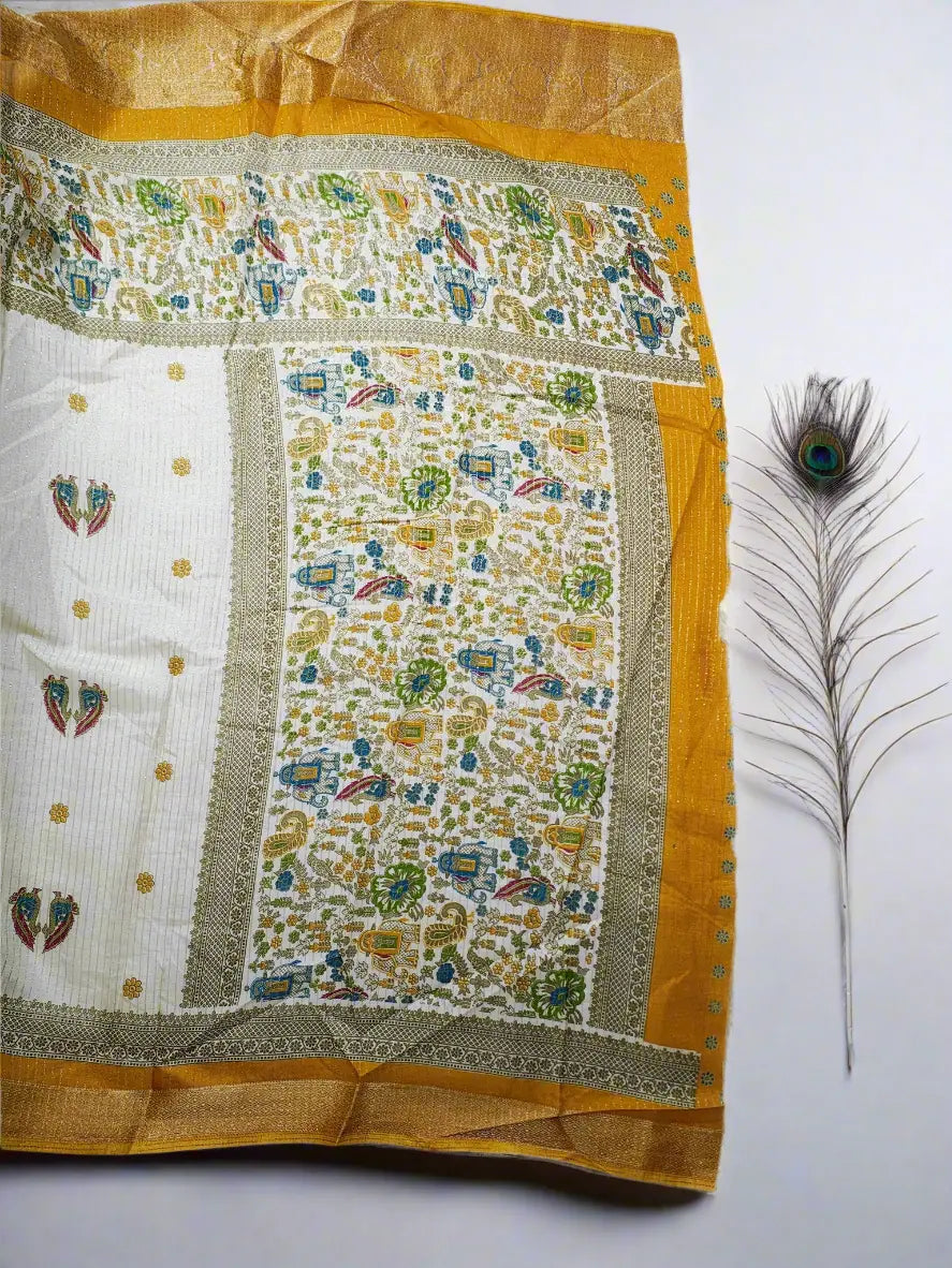 Dola Silk Saree - Ivory & Mustard Yellow with Heritage Motifs & Zari Border
