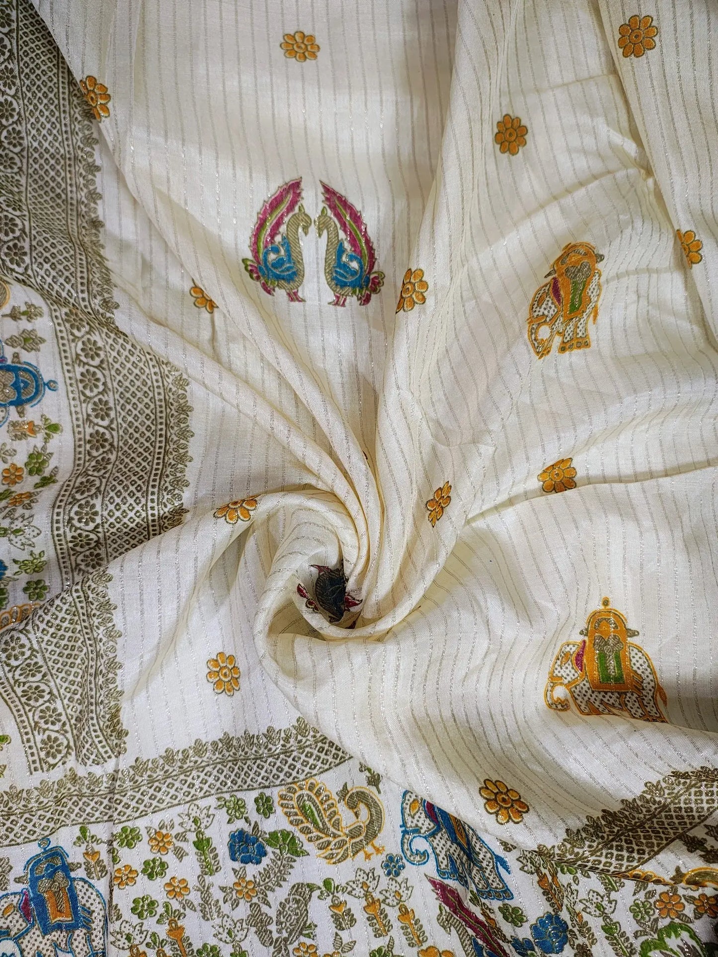 Dola Silk Saree - Ivory & Mustard Yellow with Heritage Motifs & Zari Border