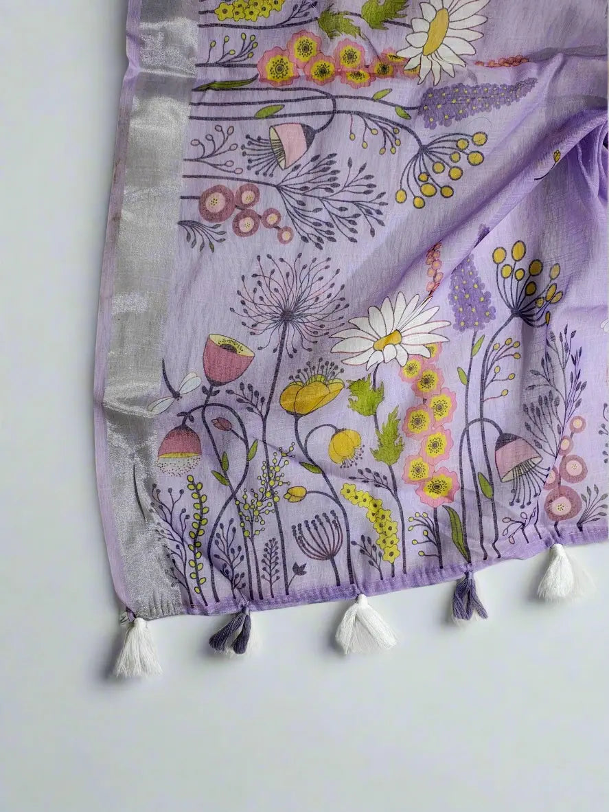 Linen Cotton Saree with Wildflower Meadow Print – Lavender Purple - Soft Linen Saree