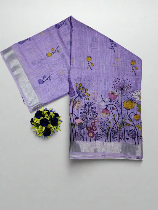 Linen Cotton Saree with Wildflower Meadow Print – Lavender Purple - Soft Linen Saree