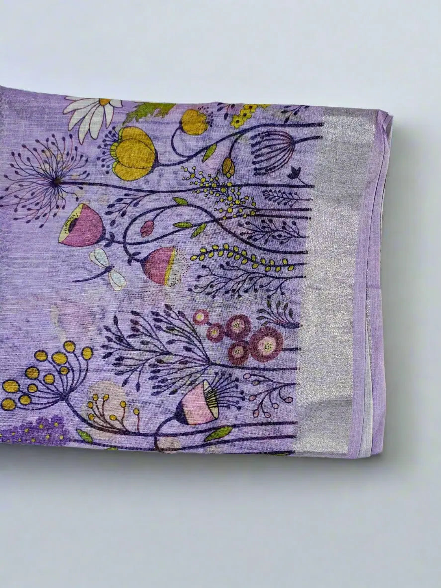 Linen Cotton Saree with Wildflower Meadow Print – Lavender Purple - Soft Linen Saree