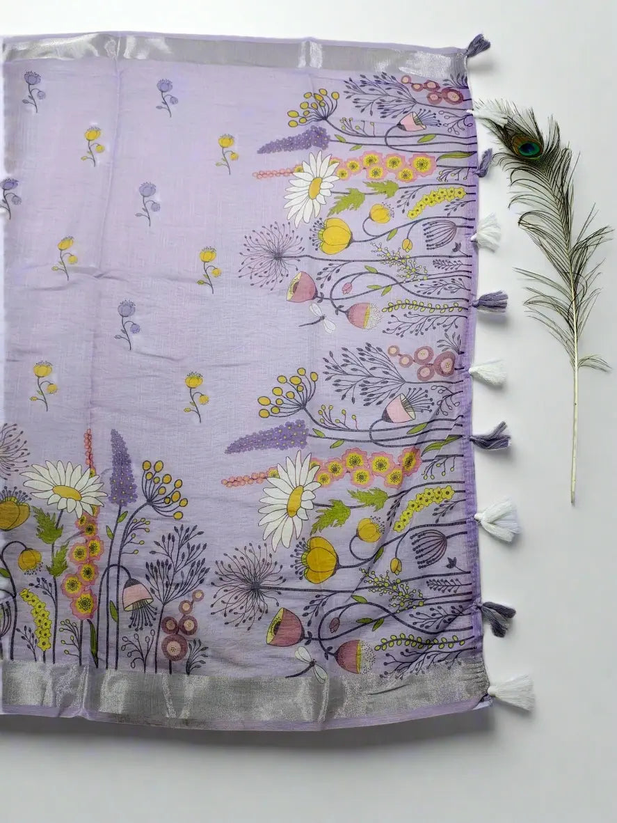 Linen Cotton Saree with Wildflower Meadow Print – Lavender Purple - Soft Linen Saree
