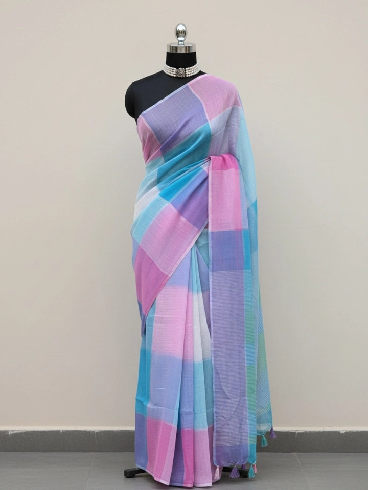 Pastel Multicolour and Checkered Pattern Soft Linen Saree