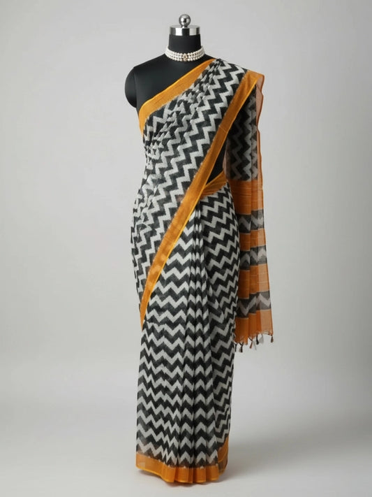 Linen Cotton Saree with Chevron Design and Mustard Yellow Border – Soft Linen