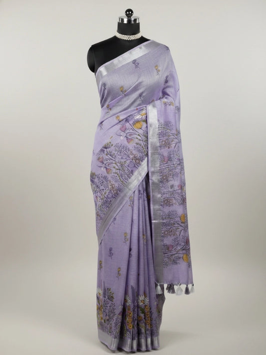 Linen Cotton Saree with Wildflower Meadow Print – Lavender Purple - Soft Linen Saree