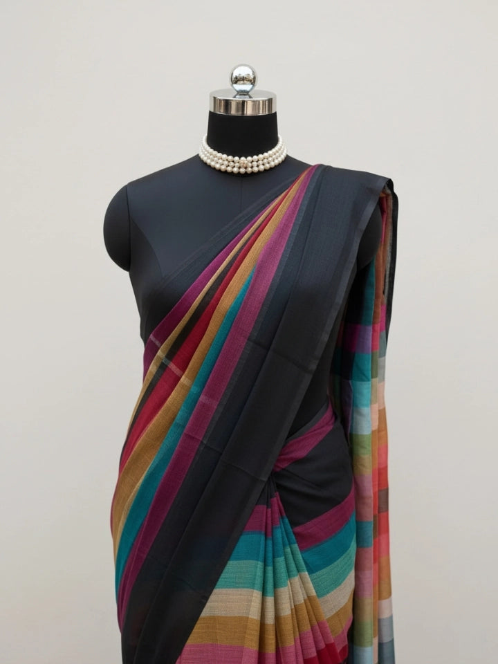 Linen Multicolour Striped Saree with Black Border & Checkered Pallu