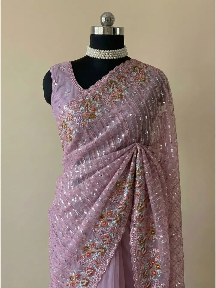 Mauve Pink Saree with Delicate Embroidery Work