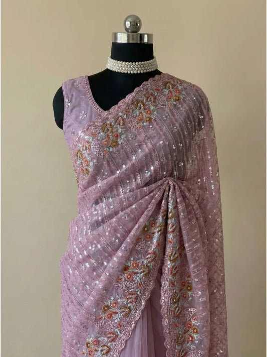 Mauve Pink Saree with Delicate Embroidery Work