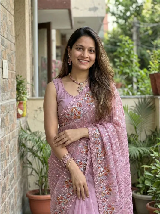 Mauve Pink Saree with Delicate Embroidery Work