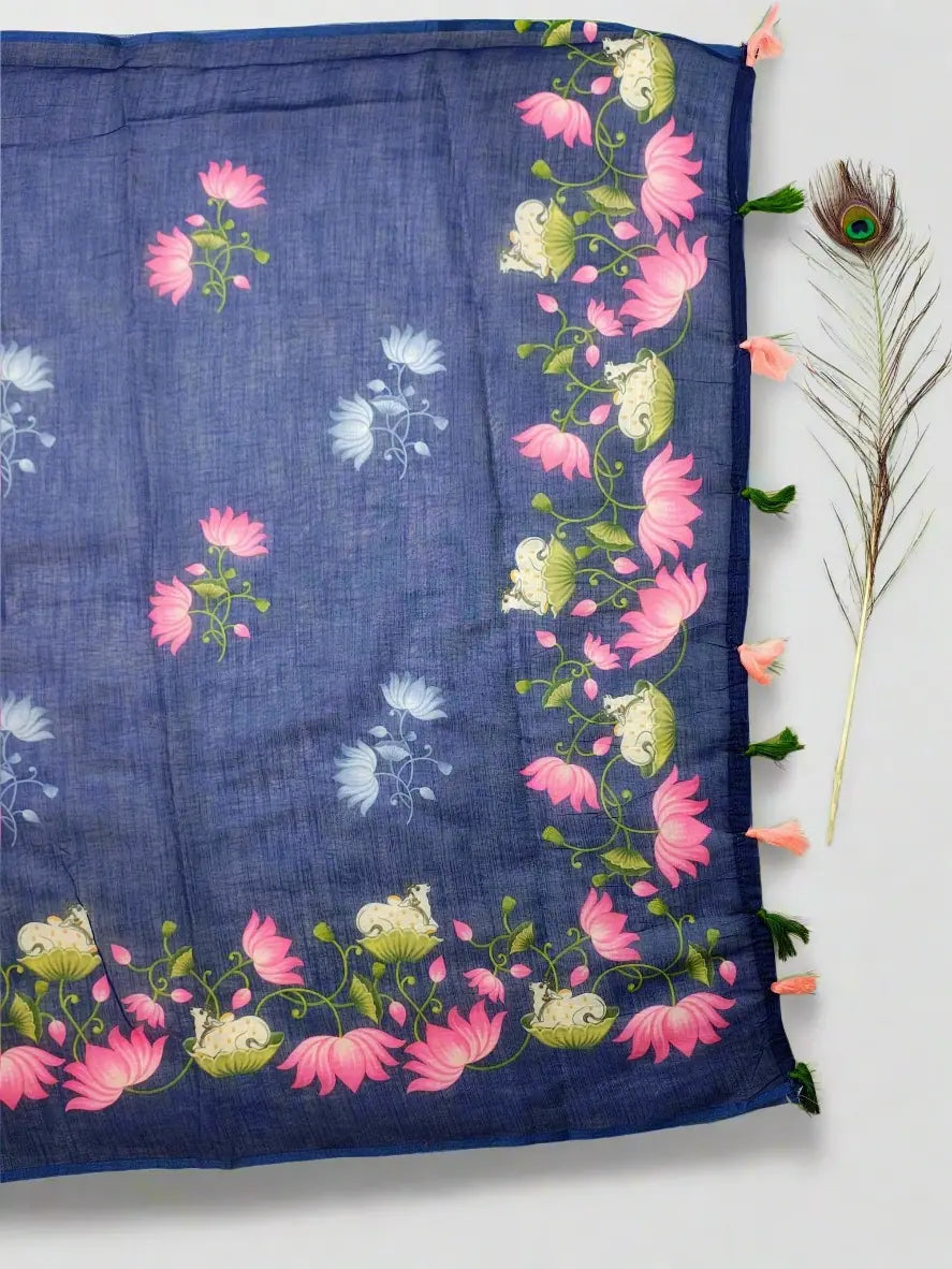 Blue Linen Cotton Saree with Pink Lotus and Cow Motifs - Soft & Lightweight