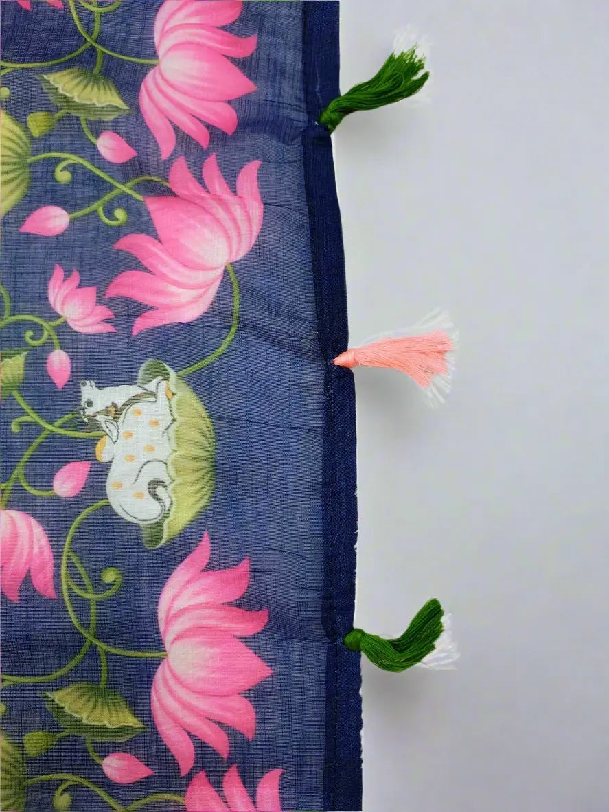 Blue Linen Cotton Saree with Pink Lotus and Cow Motifs - Soft & Lightweight