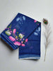 Blue Linen Cotton Saree with Pink Lotus and Cow Motifs - Soft & Lightweight