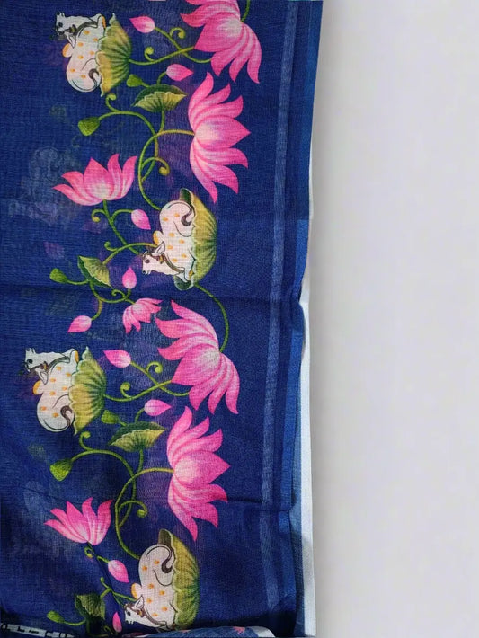 Blue Linen Cotton Saree with Pink Lotus and Cow Motifs - Soft & Lightweight