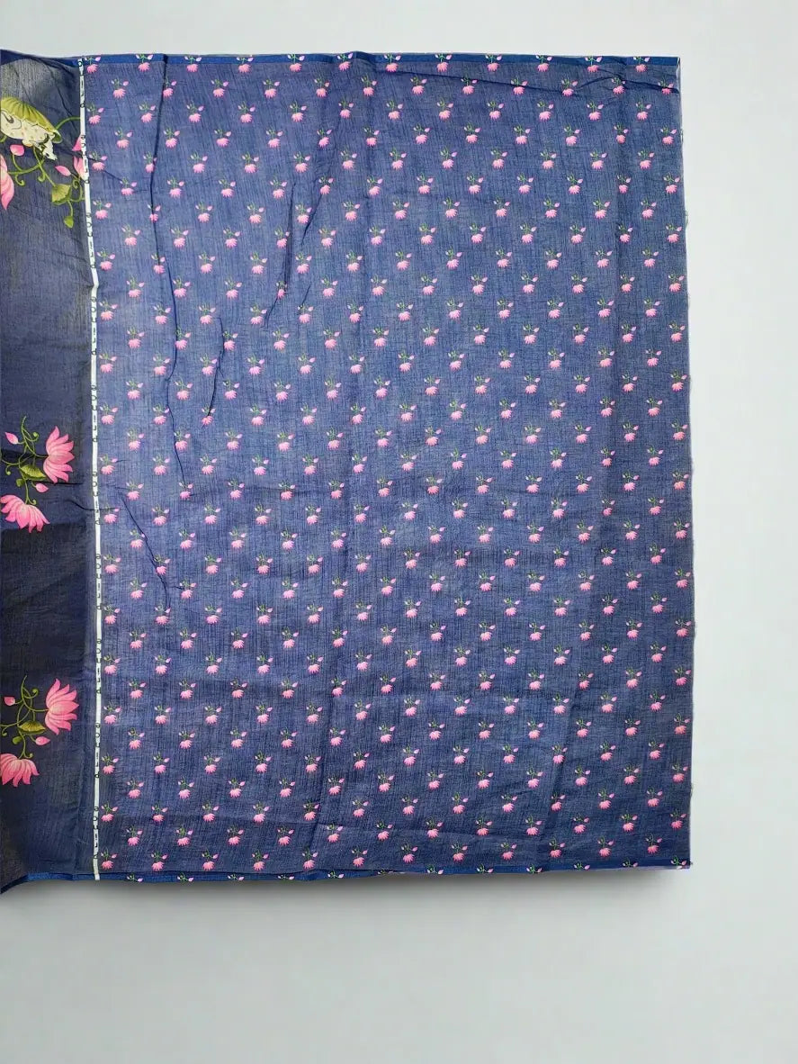 Blue Linen Cotton Saree with Pink Lotus and Cow Motifs - Soft & Lightweight