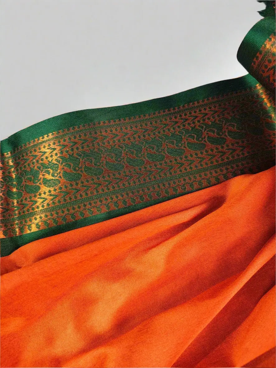 Orange Kanjivaram Silk Saree with Green Zari Border