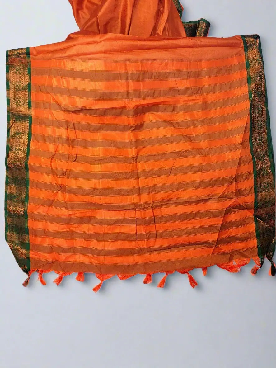 Orange Kanjivaram Silk Saree with Green Zari Border