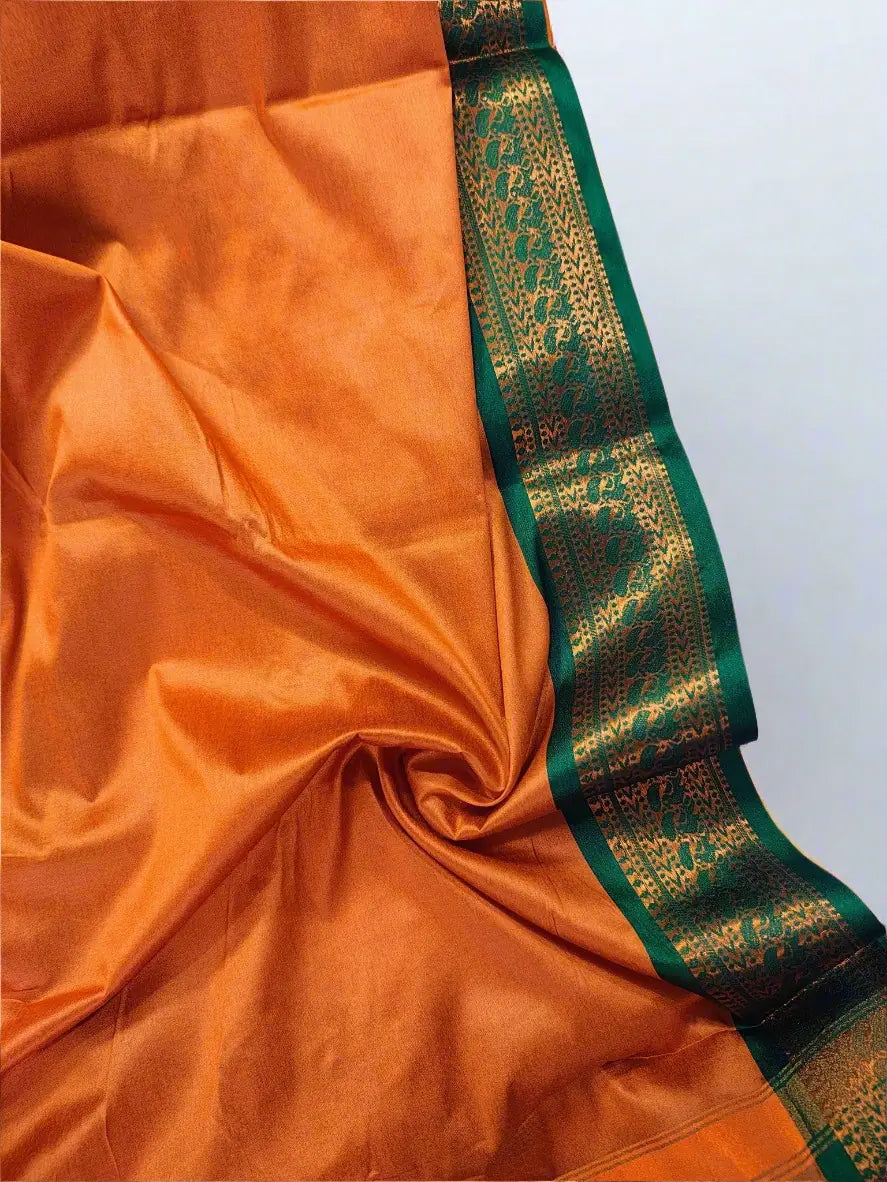 Orange Kanjivaram Silk Saree with Green Zari Border