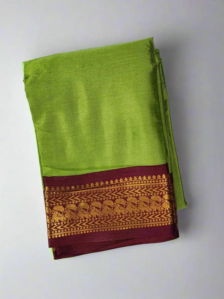 Parrot Green Kanjivaram Silk Saree with Maroon Zari Border