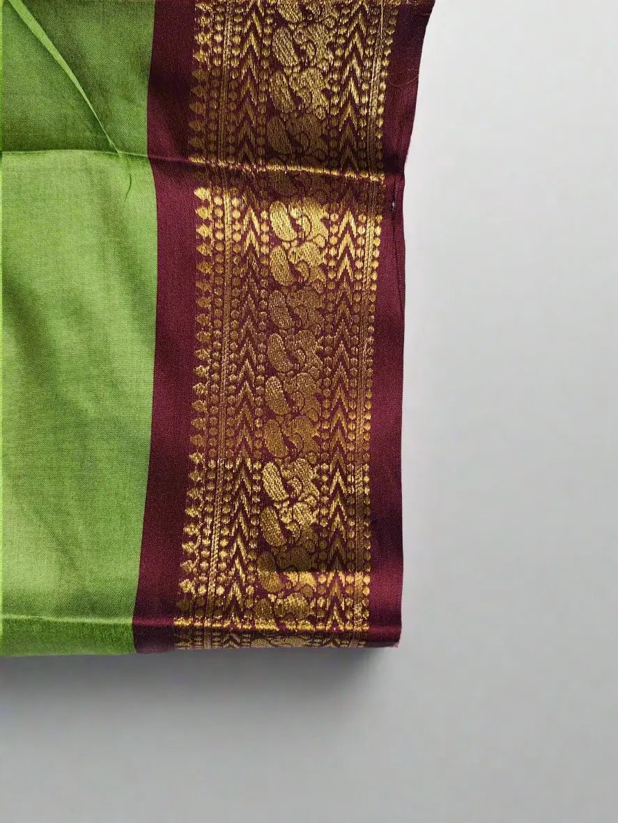 Parrot Green Kanjivaram Silk Saree with Maroon Zari Border