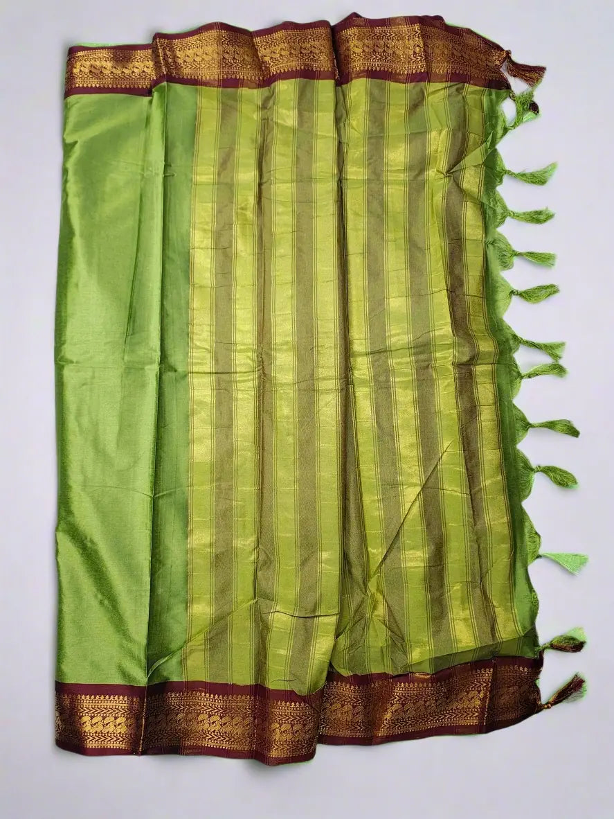 Parrot Green Kanjivaram Silk Saree with Maroon Zari Border
