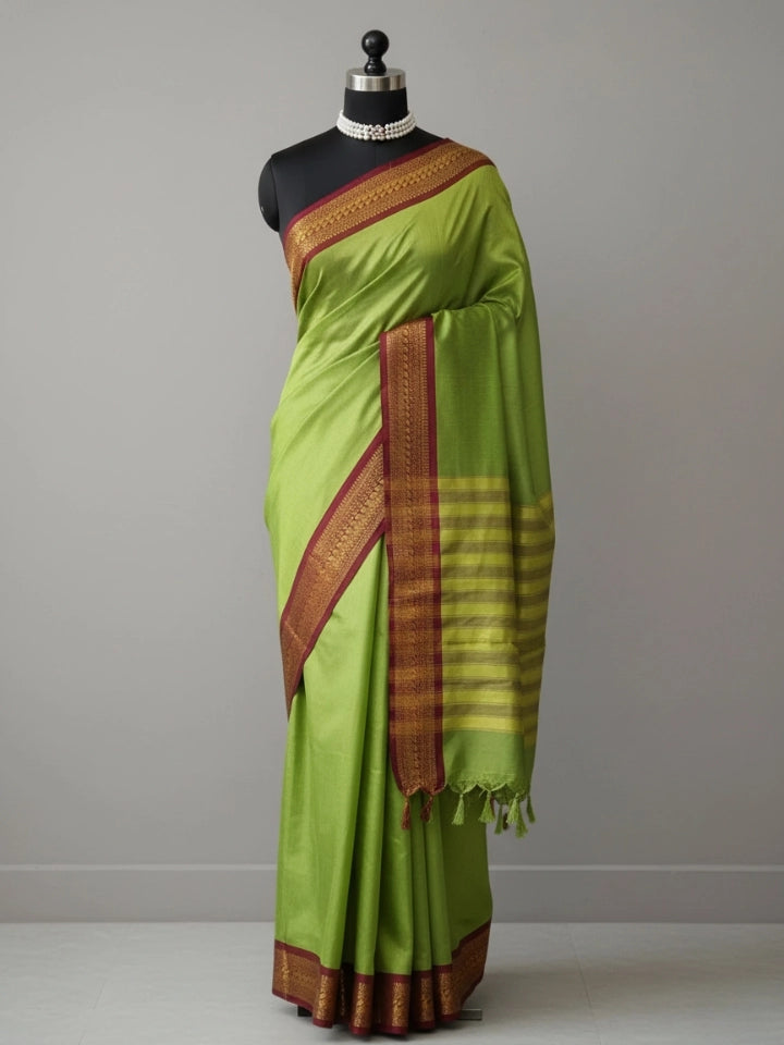 Parrot Green Kanjivaram Silk Saree with Maroon Zari Border
