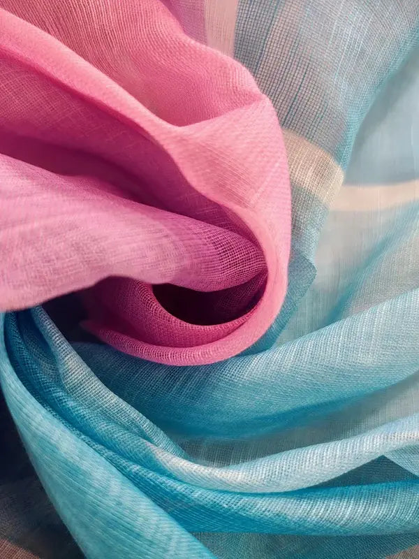 Linen Cotton Saree - Pastel Multicolour and Checkered Pattern - Soft Linen Saree